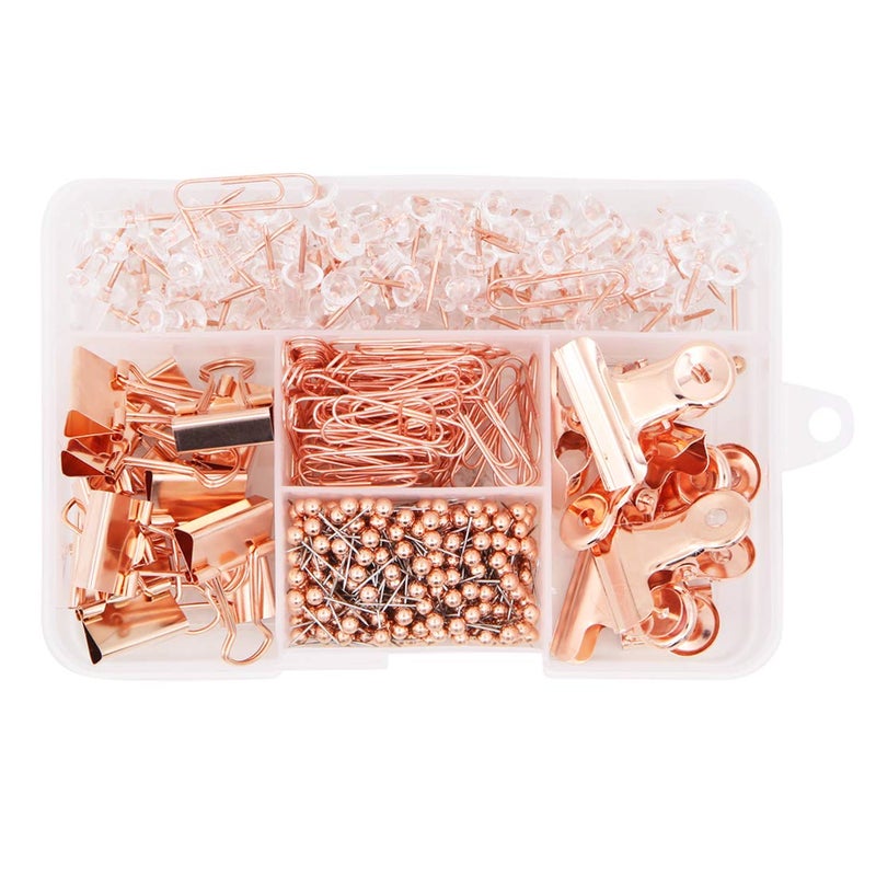 Apol 500PCS Office Stationery Set,Rose Gold Paper Clips Binder Clips Push Pins Round Head Pins 5 in 1 Box for Home School Office Supplies - Image 4